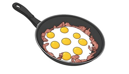 Seven fried eggs and bacon cooking in a skillet