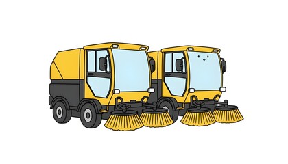 Pair of Cartoon Yellow Street Sweeper Trucks Illustration