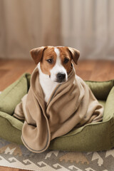 Jack Russell Terrier dog sitting in a soft pet bed, wrapped in a warm plaid at home