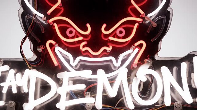 Colorful neon-demon head sculpture with glowing red eyes and bold I AM DEMON! sign