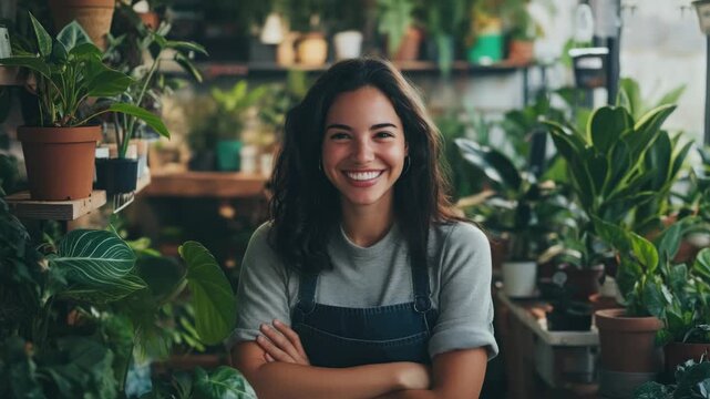 A smiling woman in a work apron, standing among various potted indoor plants at a plant nursery, suggesting her job satisfaction and enjoyment of the flora.