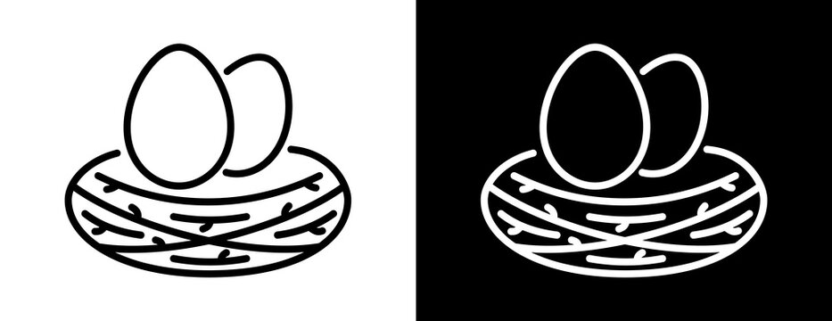 Outline eggs nest icon showing chicken, duck or goose eggs in straw. Minimal vector symbol representing poultry farming, fresh food, organic nutrition and countryside concept.