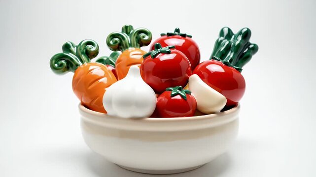 Colorful porcelain vegetable assortment in a shallow bowl with grooved carrots, peppers, and garlic