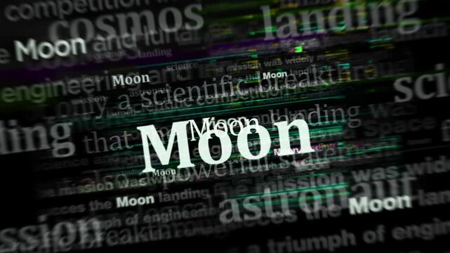 Moon landing and exploration headline news across international media. Concept of news titles on noise displays loop. TV glitch effect seamless and looped.