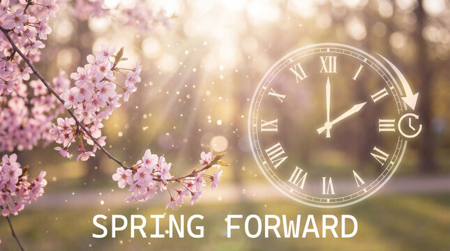 Spring forward daylight saving time concept with a glowing clock moving one hour ahead against a backdrop of pink cherry blossoms and warm sunlight.