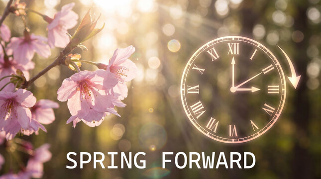 Spring forward daylight saving time concept with a glowing clock moving one hour ahead against a backdrop of pink cherry blossoms and warm sunlight.