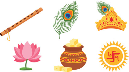 Hinduism symbols collection featuring Krishna elements