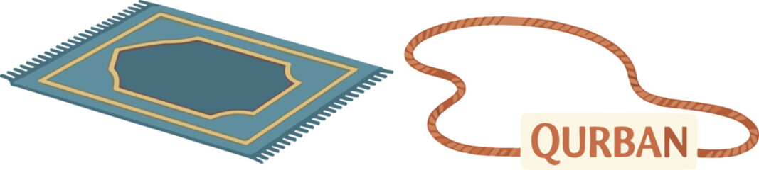 Islamic prayer mat and Qurban rope on white background