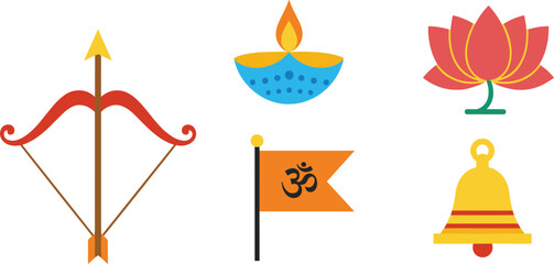 Vibrant Hindu festival symbols and icons in colorful illustration