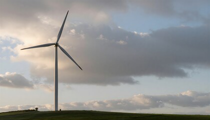 Obraz premium A solitary wind turbine stands majestically on a gentle green hill under a dramatic cloudy sky at dusk, symbolizing renewable energy and environmental progress.