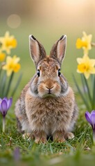 Obraz premium A cute wild rabbit with soft brown fur sits attentively among bright yellow daffodils and vibrant purple crocuses in a sun-kissed grassy field.