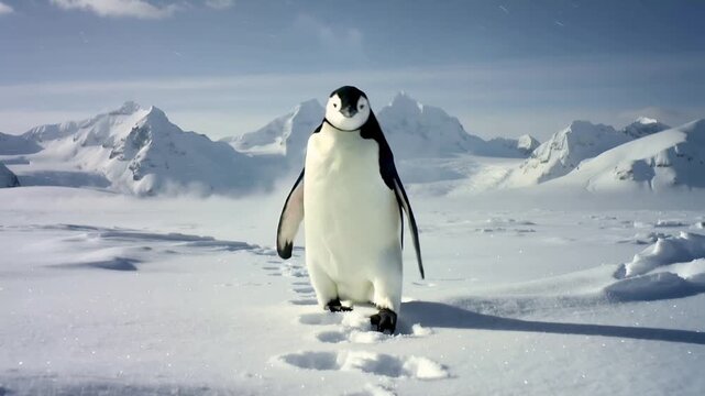 Lone Penguin Walking Across Vast Frozen Landscape Toward Snowy Mountains Cinematic 4K