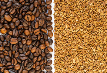 Coffee beans and instant coffee granules. Background split in half. Choice, comparison concept. Top view close-up.