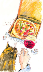 Cat and Pizza Illustration