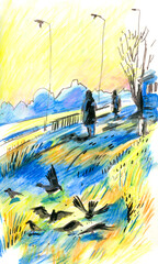 Sketch of Birds and People on a Sunny Day