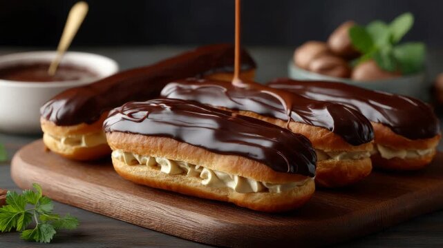A tempting dessert of chocolate eclairs with cream filling, covered in rich, glossy chocolate and topped with candy coating.