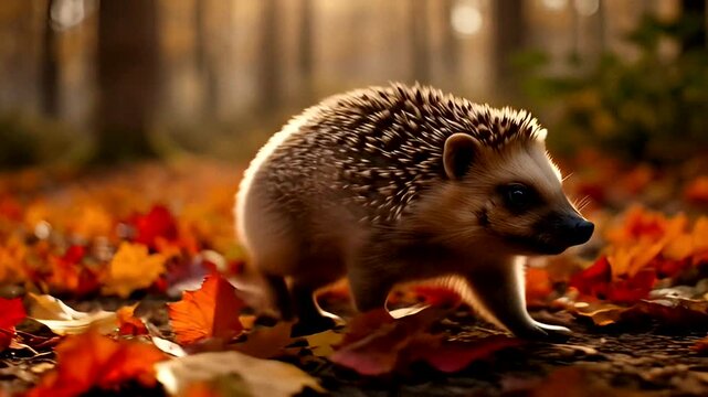 A cute hedgehog wanders through a colorful autumn landscape filled with vibrant leaves.
