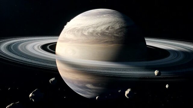 A stunning view of a planet with rings surrounded by asteroids in the vastness of space, showcasing cosmic beauty.