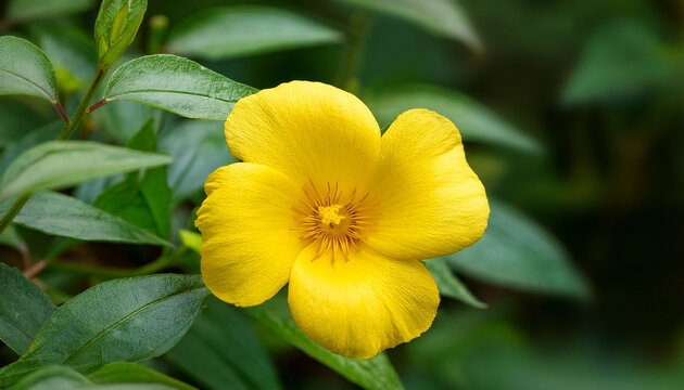 Five Petal Flower Of Turnera Diffusa Called Damiana With Vegetation Background