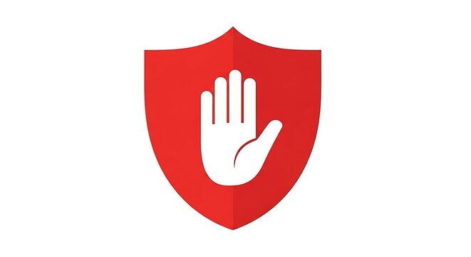 A shield displaying an open white hand against a red background, symbolizing protection
