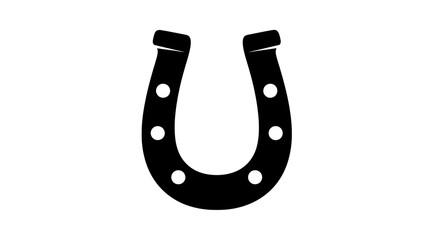 A simple black horseshoe silhouette with visible nail holes, set against a stark white backdrop