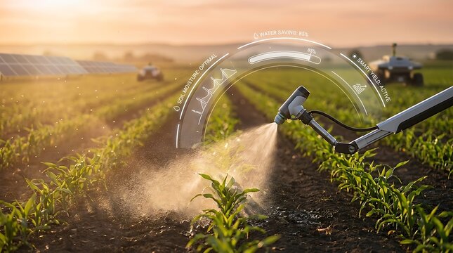 Agricultural sprayer applying pesticides to young corn crops in a field at sunset.