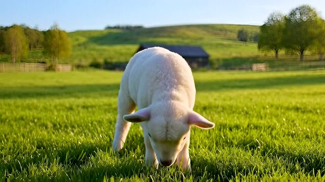 A young lamb stands in a sunlit green pasture, embodying the essence of rural tranquility and charm.