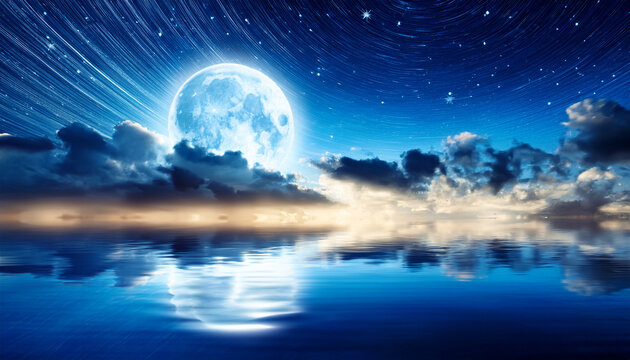 Beautiful Magic Blue Night Sky With Clouds And Full Moon Stars Reflexion In Water