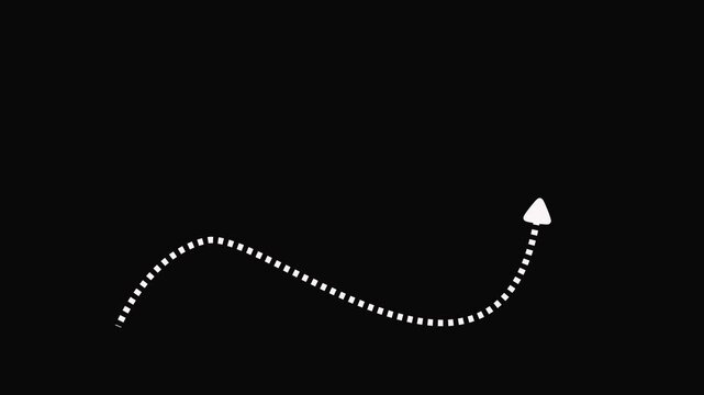 White dotted line with arrow on black background motion animation arrow animation white line.
