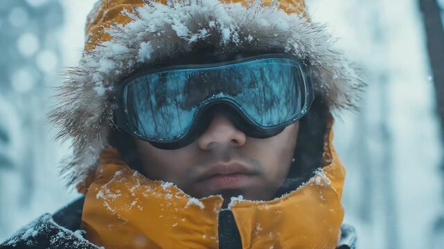A man with beard and goggles, wearing a yellow parka against snowstorm background