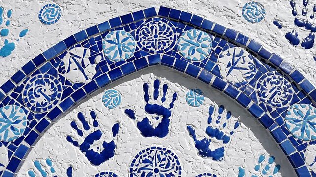 Elegant blue and white ceramic arch frame with geometric tilework showcased in a bright studio setting