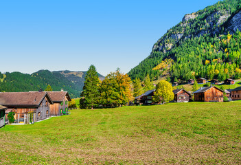 Obraz premium Valünerbach Mountain Stream Through Autumn Forest in Steg