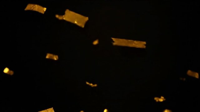 Golden ticket fragments floating in the dark night sky, falling from above, a surreal scene captured from below, with ticket pieces scattered everywhere
