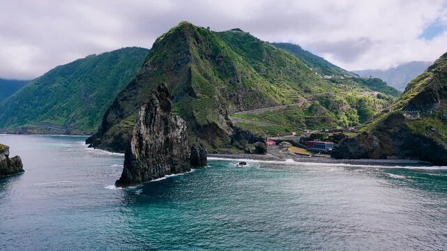 Aerial landscape of Ilheus da Ribeira da Janela with prominent rock formations surrounded by the Atlantic Ocean