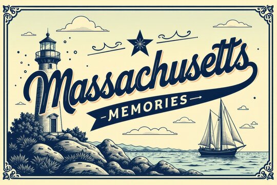 Massachusetts Memories Lighthouse Coastal Lettering Illustration, U.S. State Series Slogan	
