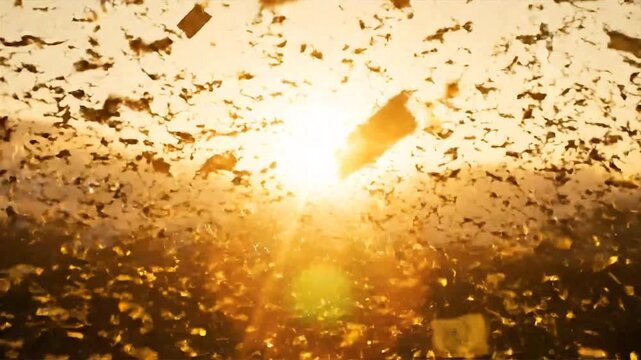 A crowd of people eagerly await their golden ticket as confetti floats in the air during a vibrant celebration at sunset.