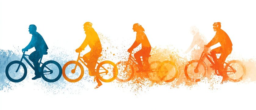 1) A horizontal parade of urban cyclists in motion