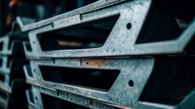 Detailed shot of metal pallets arranged in a tidy row for heavyduty storage emphasizing their sturdy design against a softly blurred industrial setting.