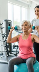 Fototapeta premium asian senior woman exercising with dumbbells assisted by young trainer in modern gym