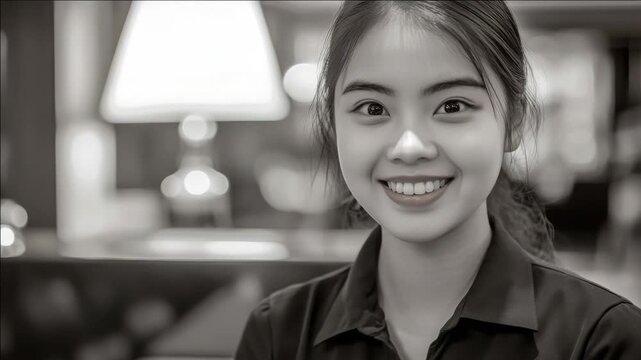 A cheerful Asian waitress in a restaurant, showcasing her welcoming and service-oriented demeanor.