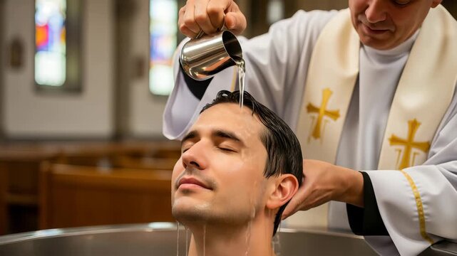 Man receiving water baptism from priest. Religious ceremony in church. New life and spiritual purification.