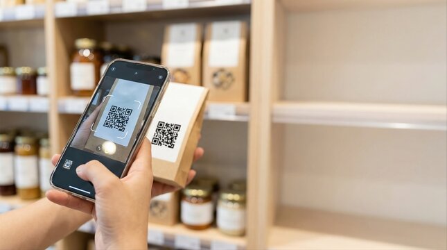 person scanning product qr code with smartphone in organic grocery store aisle