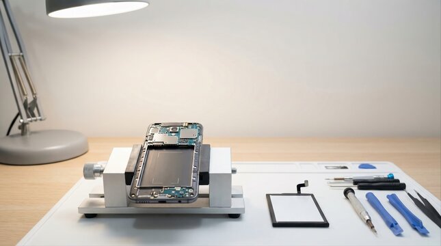 smartphone repair tools and open device on workbench under lamp light in a tech workshop