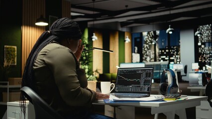 Female advisor desperate about stock trends going down and losing money, feeling worried and...