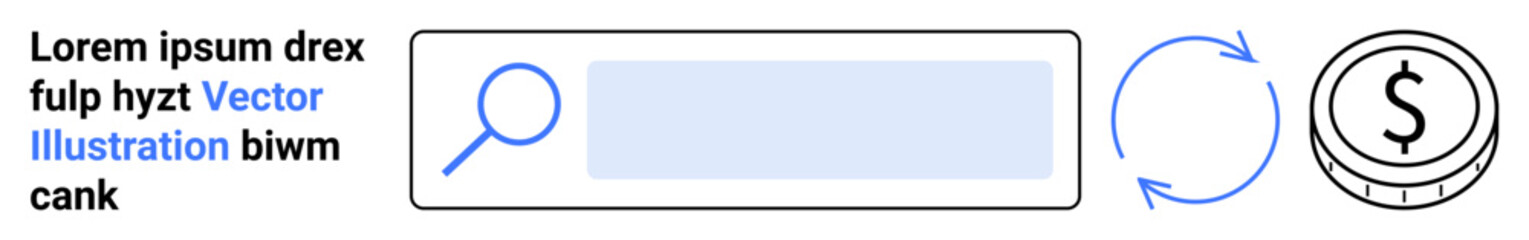 Digital finance, payment systems, search optimization, online transactions, e-commerce, technology. Search bar with magnifying glass, refresh icon and coin symbol. Digital finance and payment