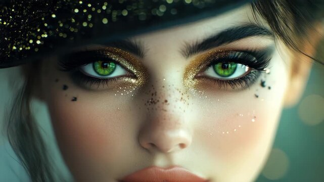 Enchanting Gaze: A captivating portrait of a woman, her vibrant green eyes stealing the show, accentuated by intricate makeup and a stylish hat, inviting viewers into a world of mystery and allure. 