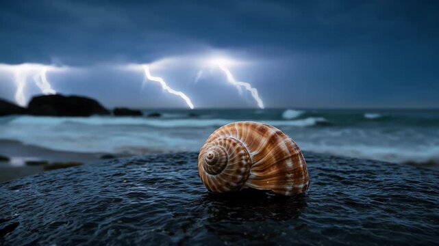 Seashell and Lightning: A serene seashell rests against the backdrop of a stormy coastal scene. Captured during a dramatic electrical storm, the image showcases nature's contrasting beauty.