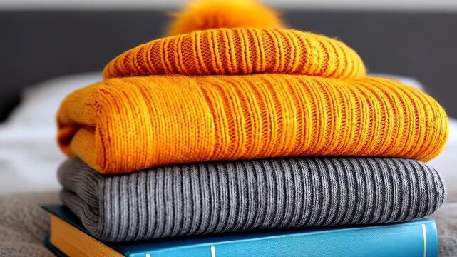 Cozy Comfort: Stacked Layers of Warmth: A neatly arranged stack of folded sweaters and a knitted hat, exuding a sense of snugness, is placed on a bed.