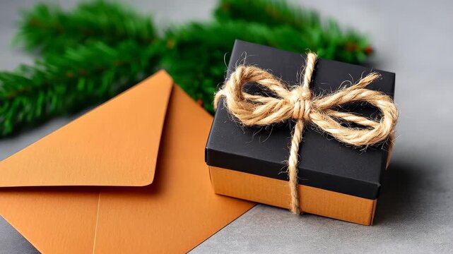Festive Parcel: A beautifully wrapped gift box sits alongside a rustic twine bow, nestled near a classic envelope and vibrant evergreen. A symbol of thoughtfulness and anticipation.