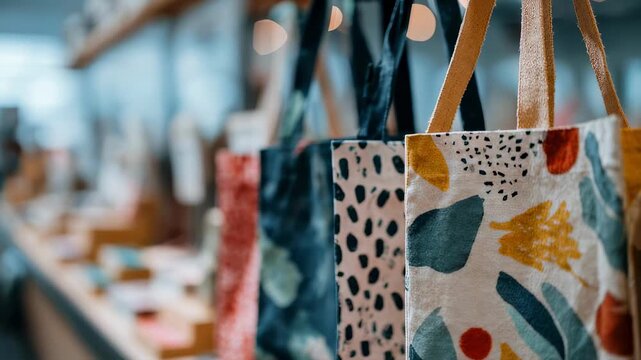 Focused view of customized tote bags featuring unique prints with a gently blurred retail setting backdrop illustrating practical and stylish brand marketing solutions.